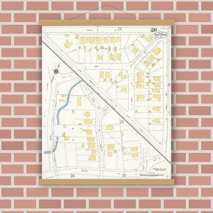 Old map wall art mockup — magnetic wood frame on brick wall — Sanborn Fire Insurance Map from Burlingame, San Mateo County, California (1921), Sheet #0026