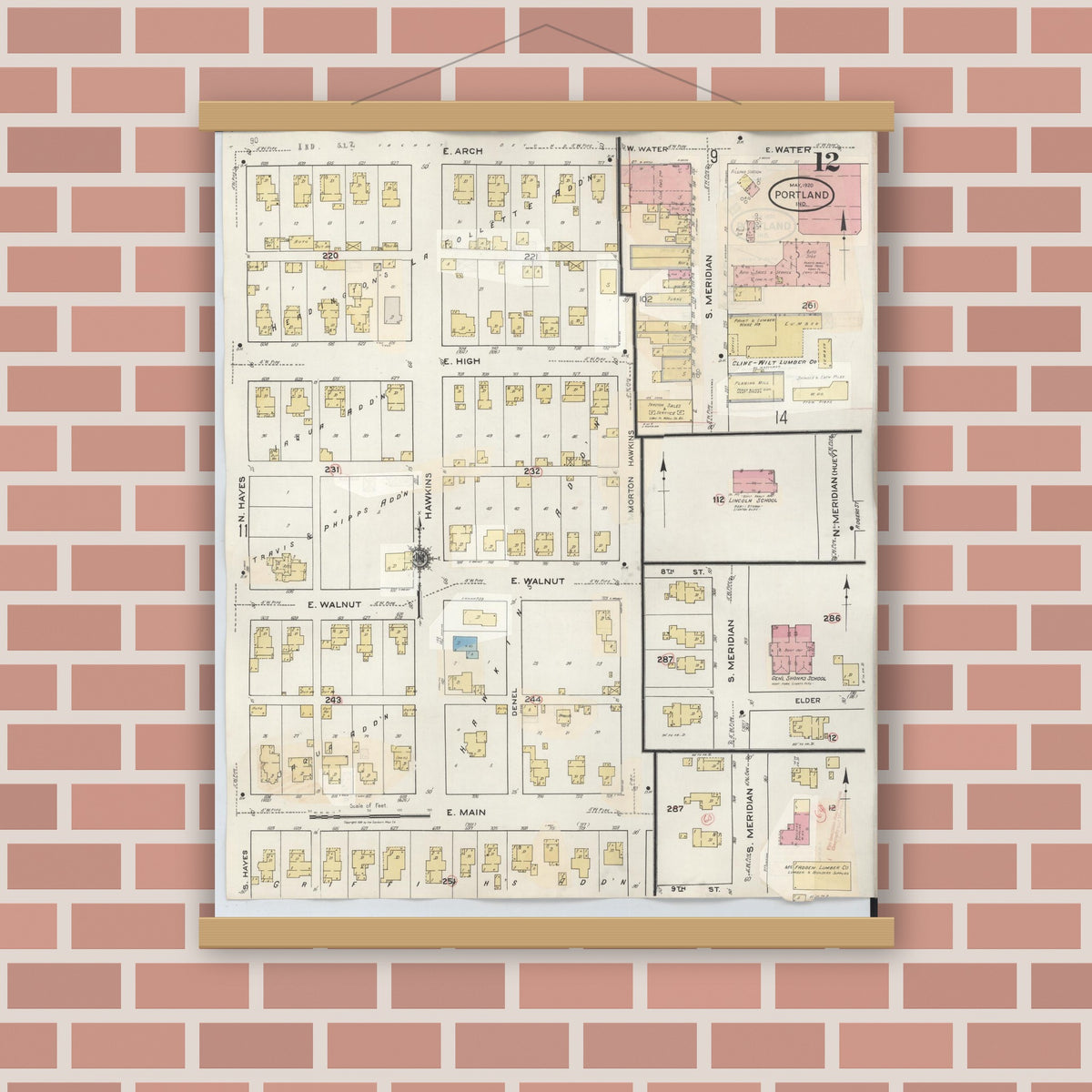 Old map wall art mockup — magnetic wood frame on brick wall — Sanborn Fire Insurance Map from Portland, Jay County, Indiana (1946), Sheet #0012