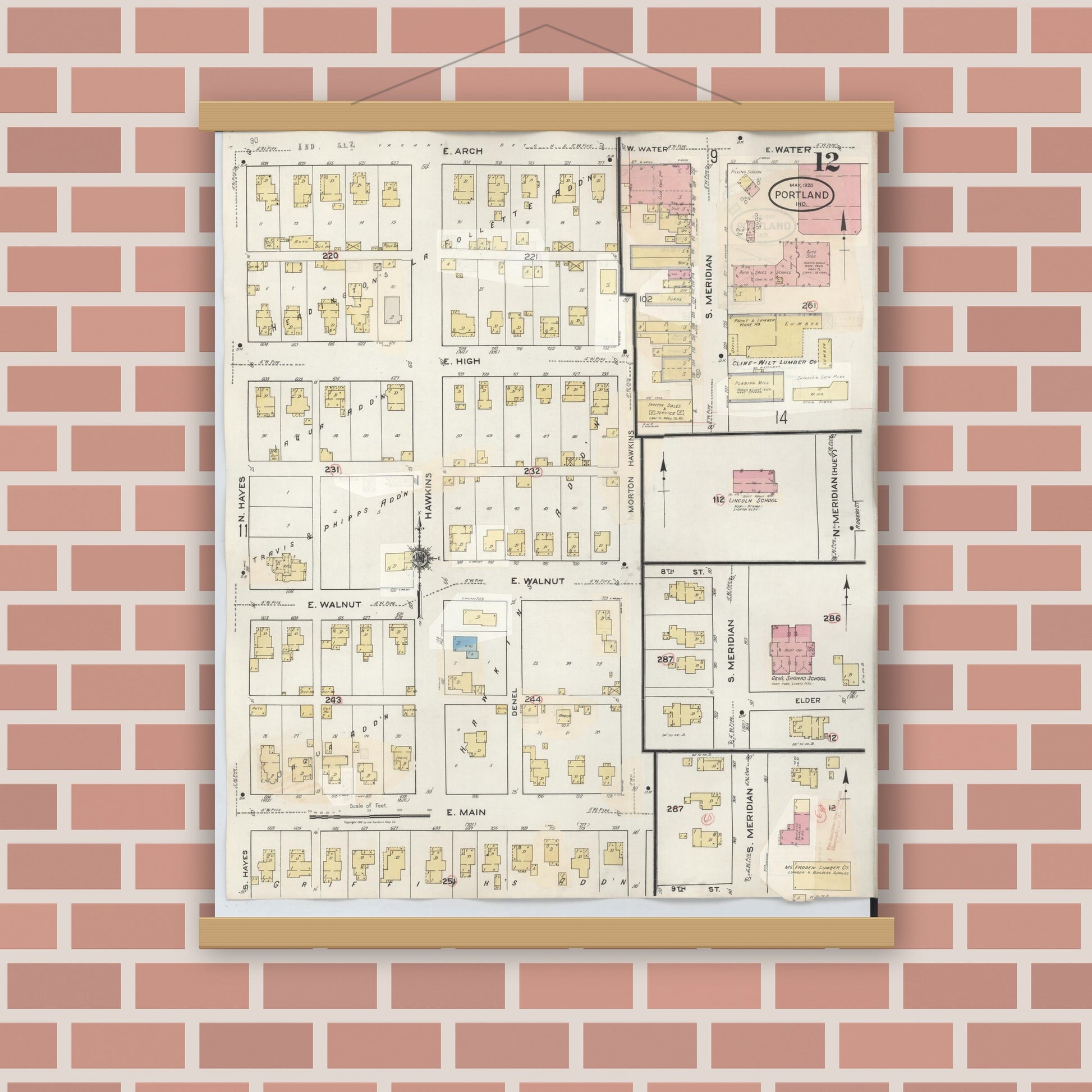 Old map wall art mockup — magnetic wood frame on brick wall — Sanborn Fire Insurance Map from Portland, Jay County, Indiana (1946), Sheet #0012