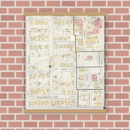 Old map wall art mockup — magnetic wood frame on brick wall — Sanborn Fire Insurance Map from Portland, Jay County, Indiana (1946), Sheet #0012