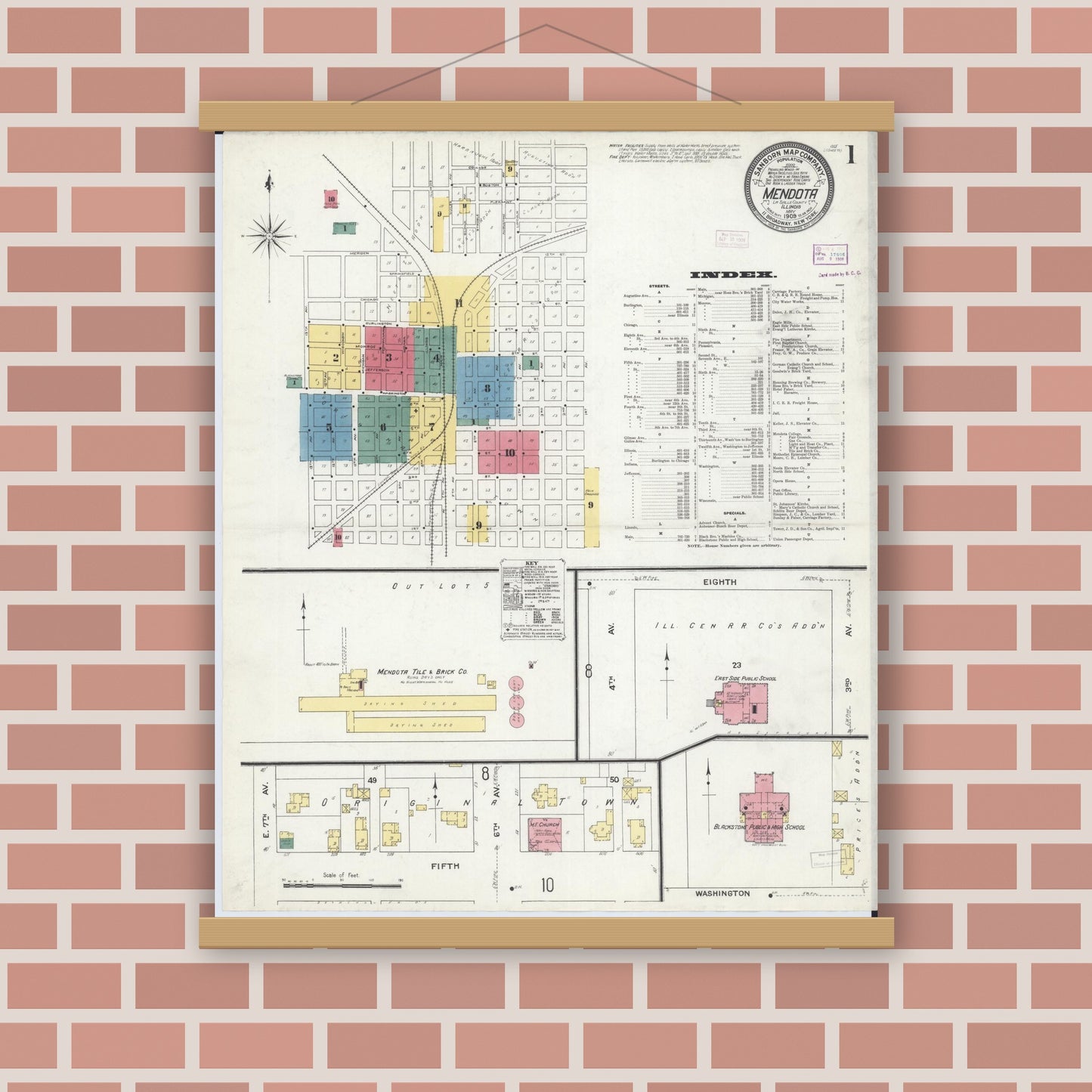Old map wall art mockup — magnetic wood frame on brick wall — Sanborn Fire Insurance Map from Mendota, La Salle County, Illinois (1909) - Complete Map Set