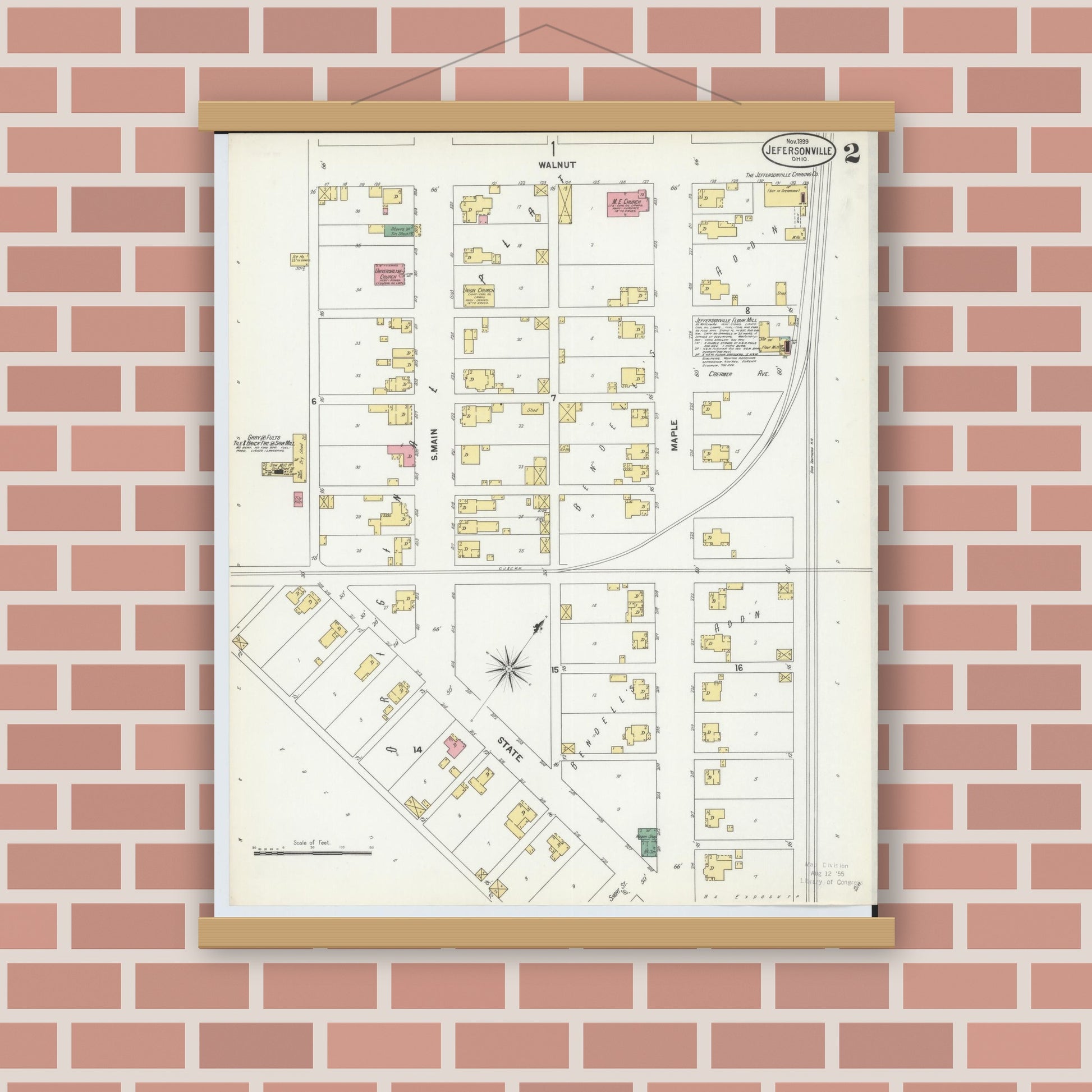 Old map wall art mockup — magnetic wood frame on brick wall — Sanborn Fire Insurance Map from Jeffersonville, Fayette County, Ohio (1899), Sheet #0002
