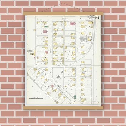 Old map wall art mockup — magnetic wood frame on brick wall — Sanborn Fire Insurance Map from Jeffersonville, Fayette County, Ohio (1899), Sheet #0002