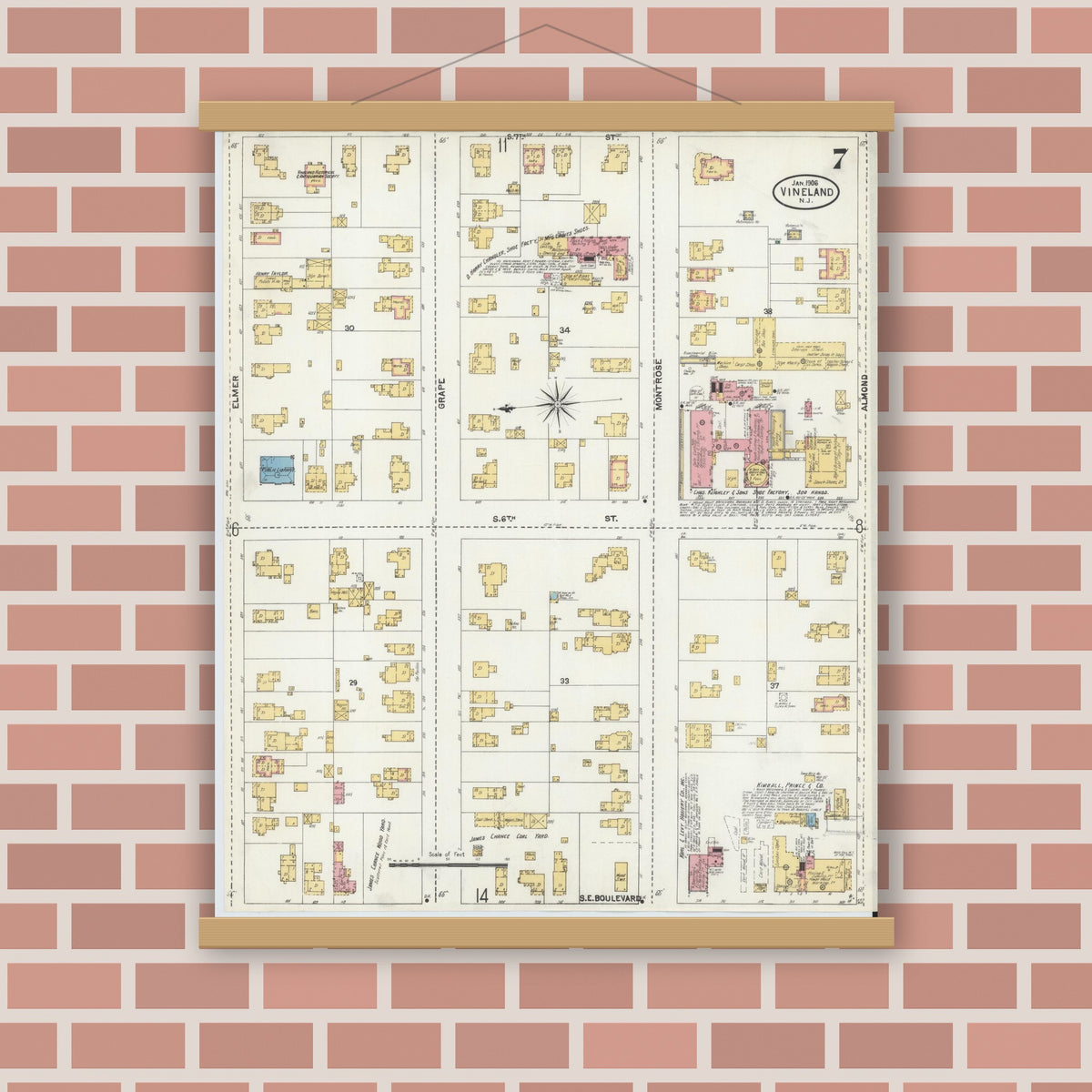 Old map wall art mockup — magnetic wood frame on brick wall — Sanborn Fire Insurance Map from Vineland, Cumberland County, New Jersey (1906), Sheet #0007