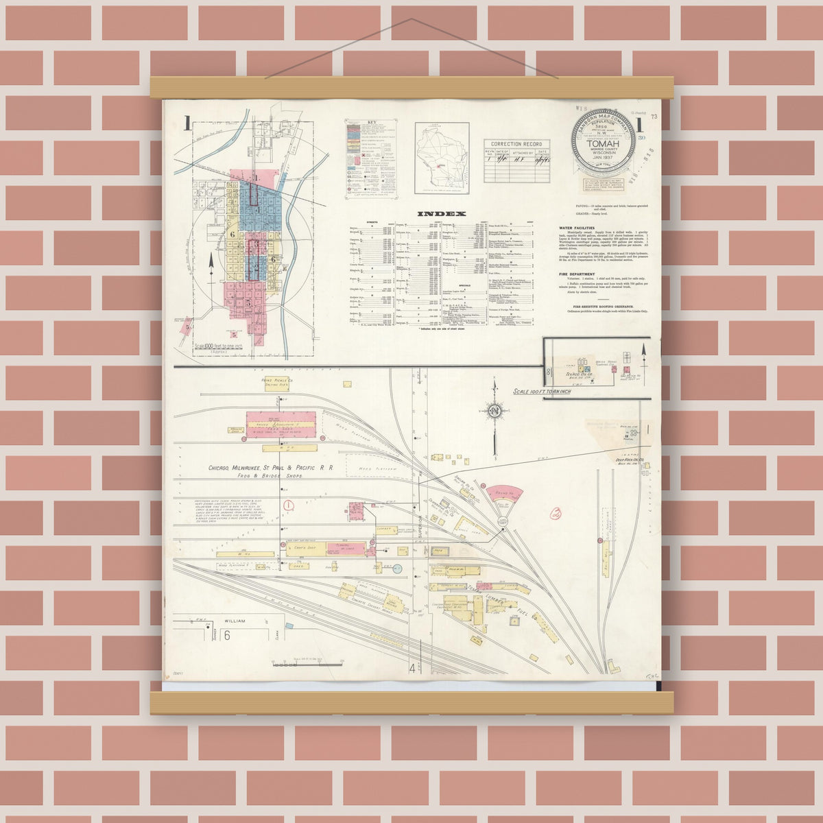 Old map wall art mockup — magnetic wood frame on brick wall — Sanborn Fire Insurance Map from Tomah, Monroe County, Wisconsin (1944) - Complete Map Set