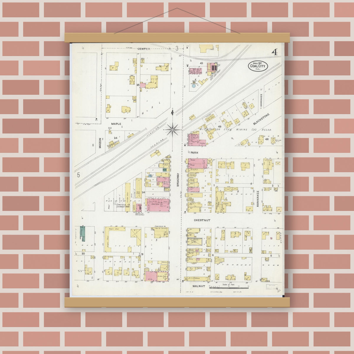 Old map wall art mockup — magnetic wood frame on brick wall — Sanborn Fire Insurance Map from Coal City, Grundy County, Illinois (1907), Sheet #0004