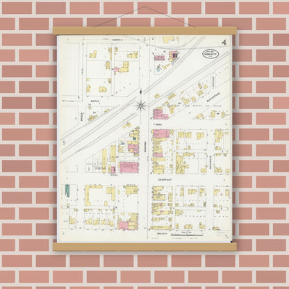Old map wall art mockup — magnetic wood frame on brick wall — Sanborn Fire Insurance Map from Coal City, Grundy County, Illinois (1907), Sheet #0004
