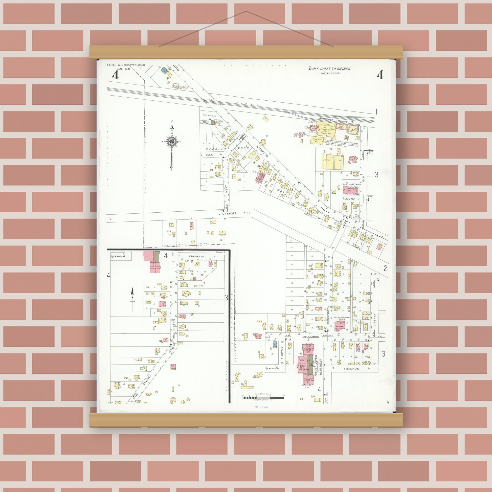 Old map wall art mockup — magnetic wood frame on brick wall — Sanborn Fire Insurance Map from Canal Winchester, Franklin County, Ohio (1941), Sheet #0004