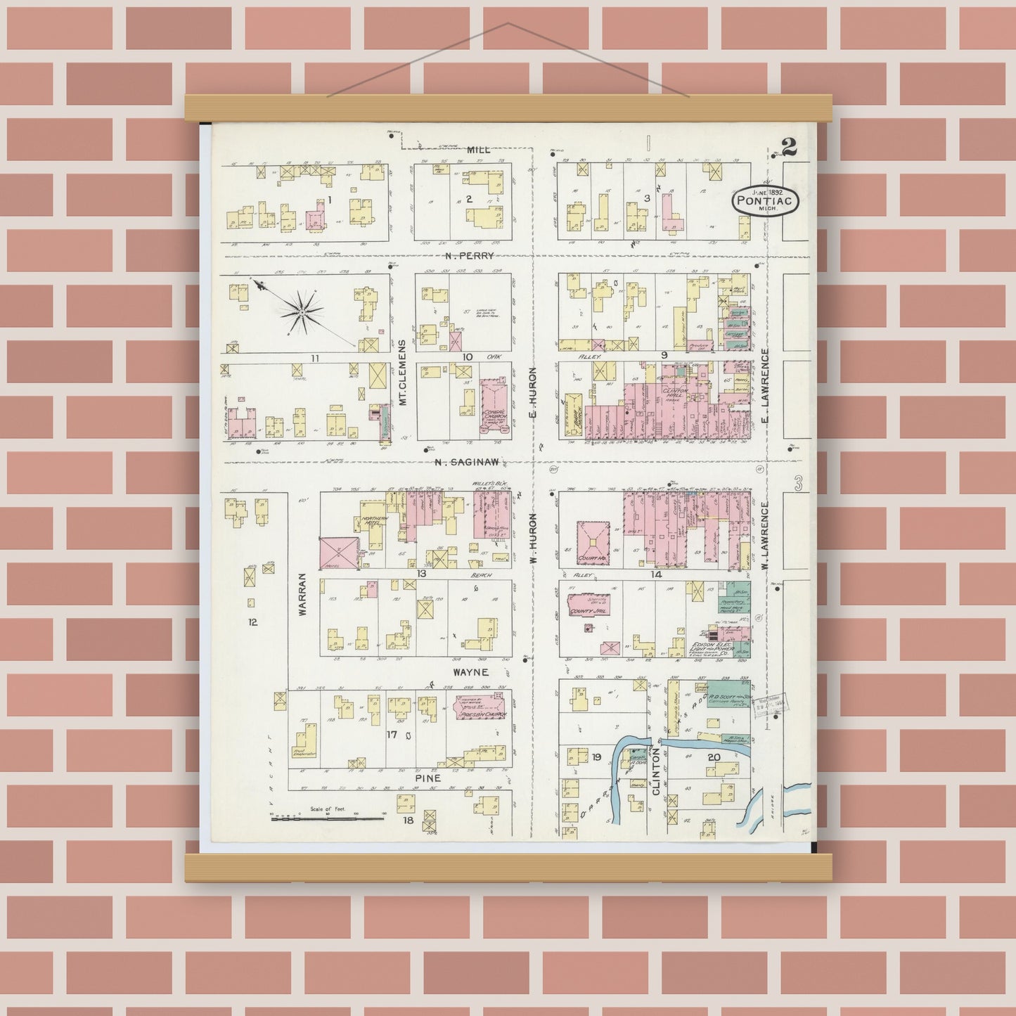 Old map wall art mockup — magnetic wood frame on brick wall — Sanborn Fire Insurance Map from Pontiac, Oakland County, Michigan (1892), Sheet #0002