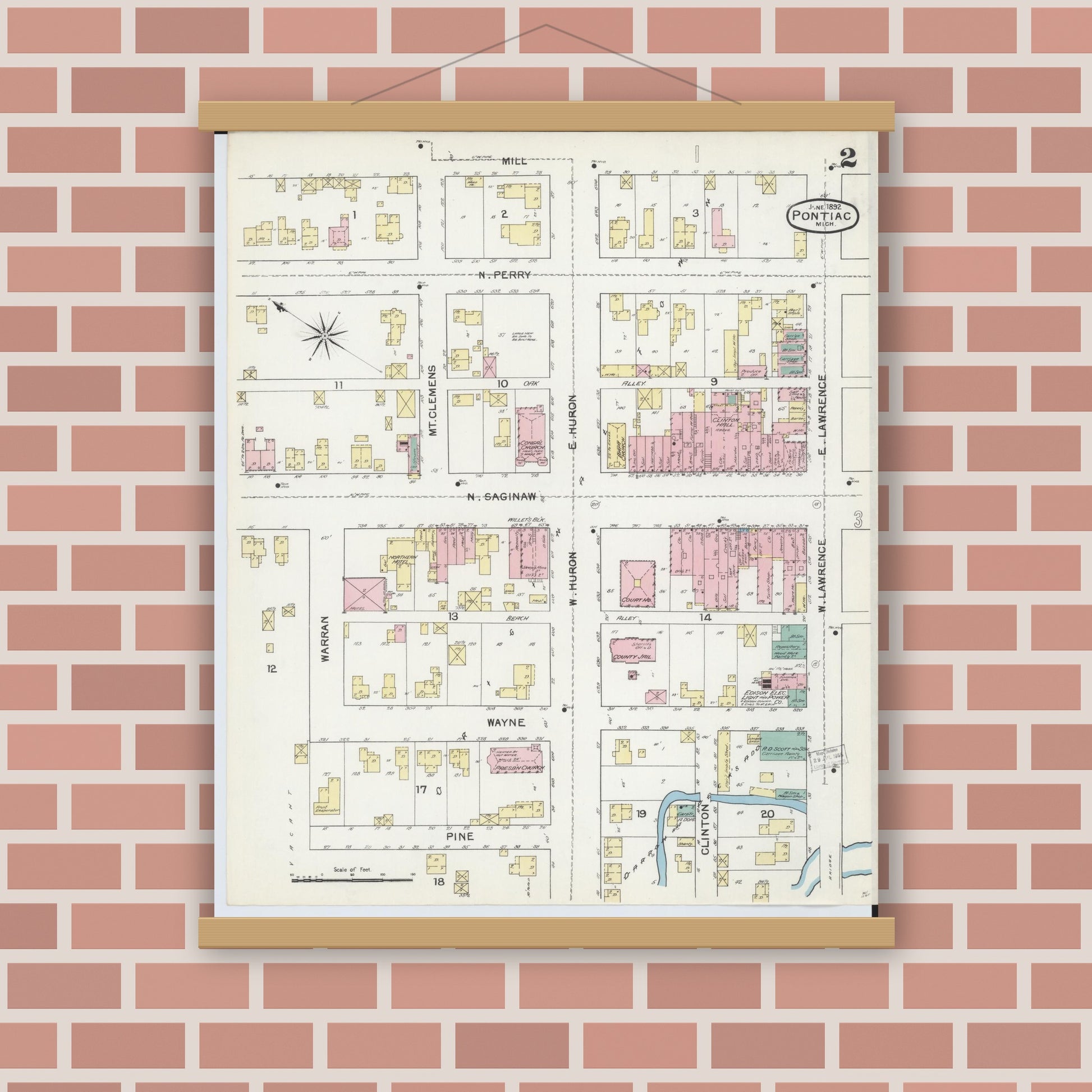 Old map wall art mockup — magnetic wood frame on brick wall — Sanborn Fire Insurance Map from Pontiac, Oakland County, Michigan (1892), Sheet #0002