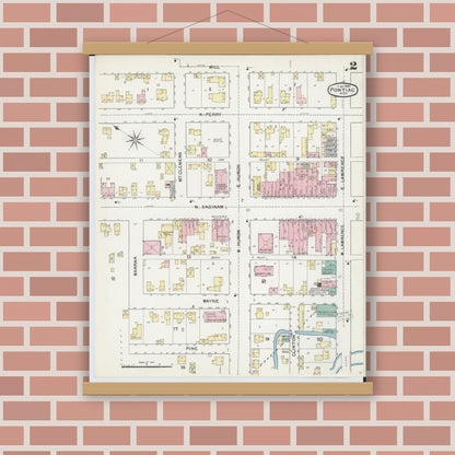 Old map wall art mockup — magnetic wood frame on brick wall — Sanborn Fire Insurance Map from Pontiac, Oakland County, Michigan (1892), Sheet #0002