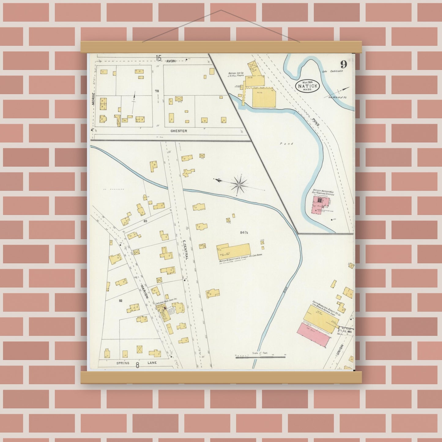 Old map wall art mockup — magnetic wood frame on brick wall — Sanborn Fire Insurance Map from Natick, Middlesex County, Massachusetts (1904), Sheet #0009