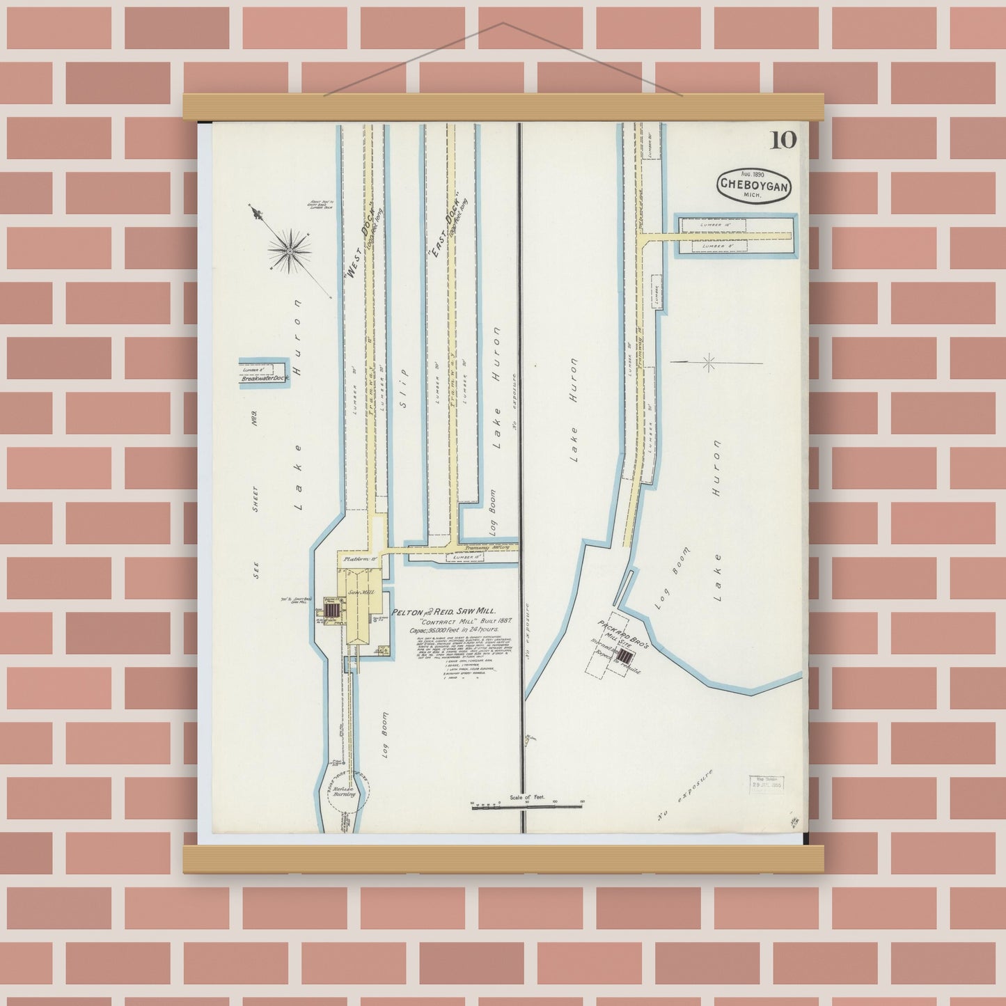 Old map wall art mockup — magnetic wood frame on brick wall — Sanborn Fire Insurance Map from Cheboygan, Cheboygan County, Michigan (1890), Sheet #0010
