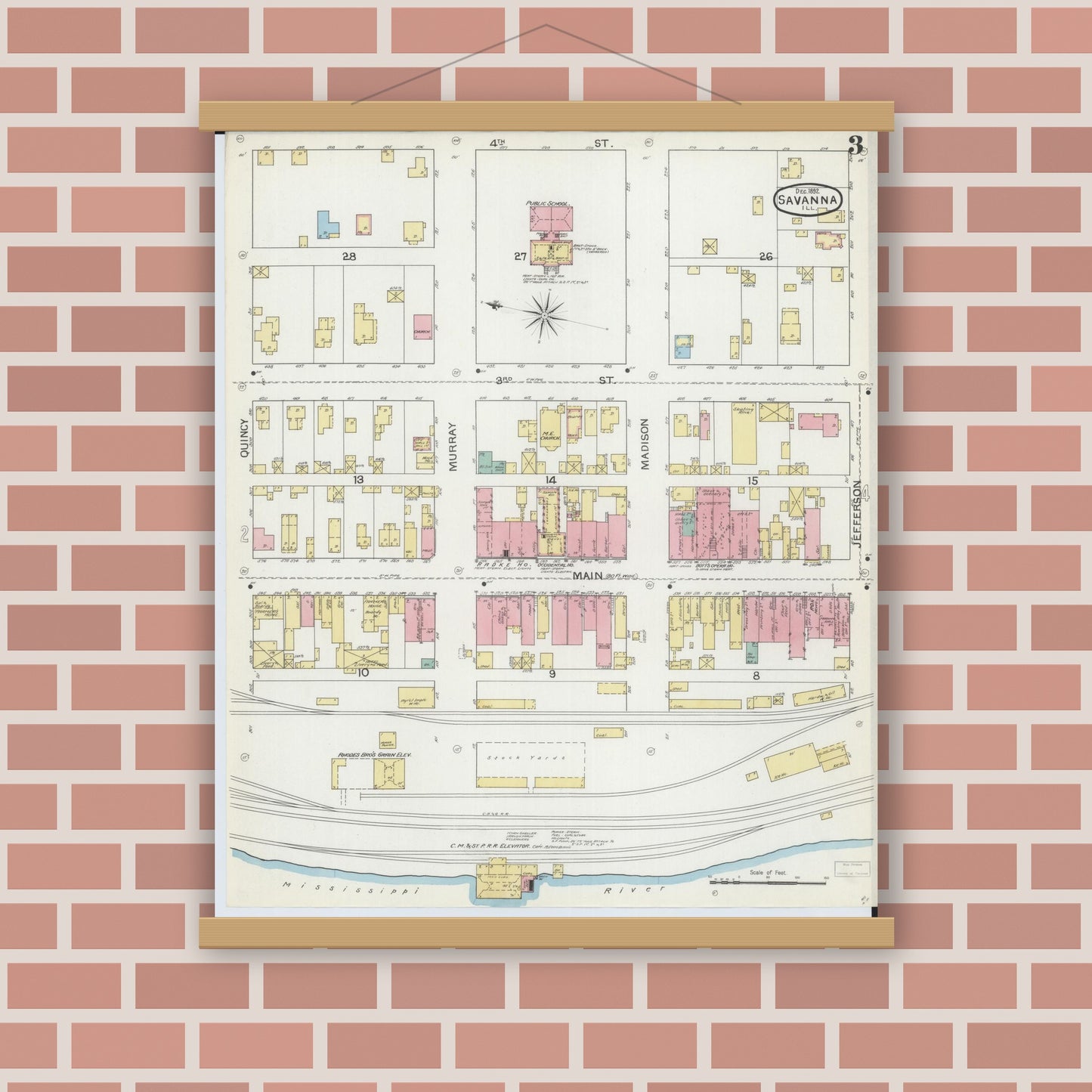 Old map wall art mockup — magnetic wood frame on brick wall — Sanborn Fire Insurance Map from Savanna, Carroll County, Illinois (1892), Sheet #0003