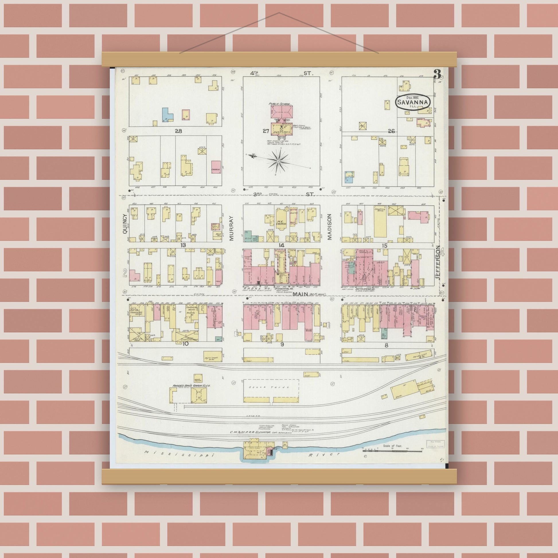Old map wall art mockup — magnetic wood frame on brick wall — Sanborn Fire Insurance Map from Savanna, Carroll County, Illinois (1892), Sheet #0003
