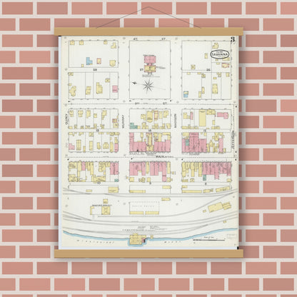 Old map wall art mockup — magnetic wood frame on brick wall — Sanborn Fire Insurance Map from Savanna, Carroll County, Illinois (1892), Sheet #0003