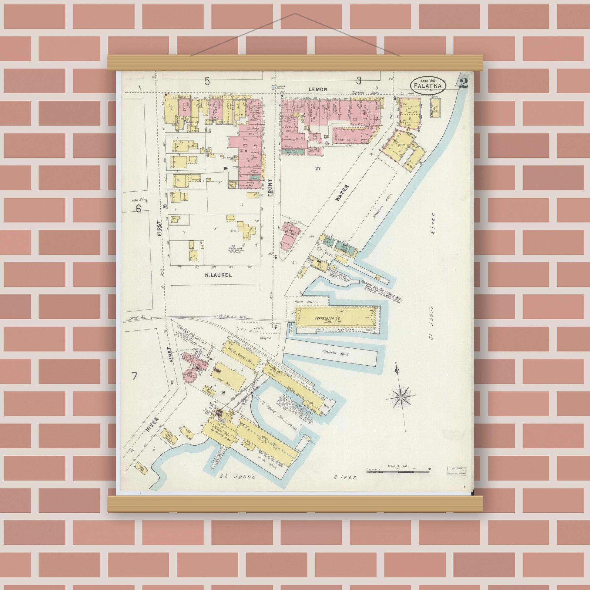 Old map wall art mockup — magnetic wood frame on brick wall — Sanborn Fire Insurance Map from Palatka, Putnam County, Florida (1897), Sheet #0002