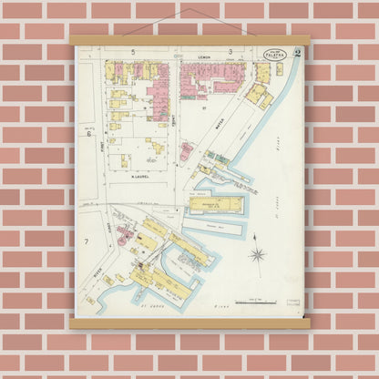 Old map wall art mockup — magnetic wood frame on brick wall — Sanborn Fire Insurance Map from Palatka, Putnam County, Florida (1897), Sheet #0002