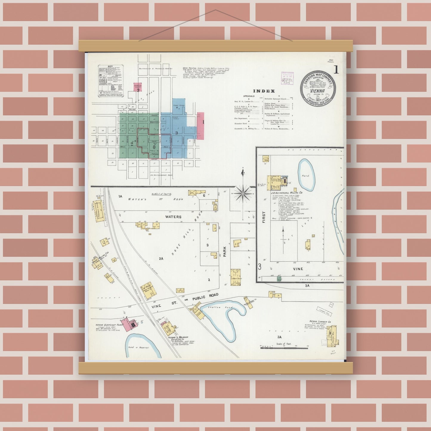 Old map wall art mockup — magnetic wood frame on brick wall — Sanborn Fire Insurance Map from Vienna, Johnson County, Illinois (1907), Sheet #0001