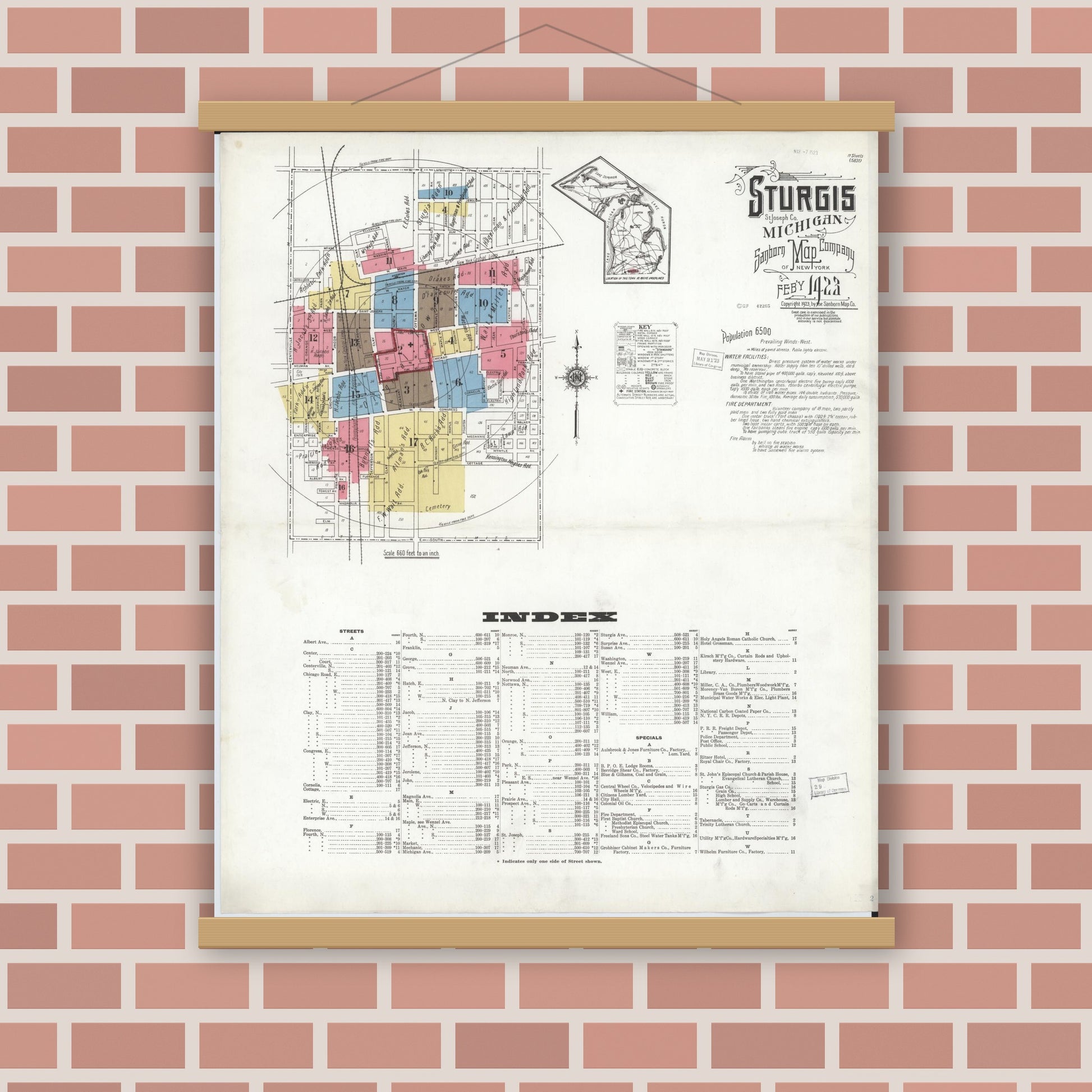 Old map wall art mockup — magnetic wood frame on brick wall — Sanborn Fire Insurance Map from Sturgis, Saint Joseph County, Michigan (1923), Sheet #0001
