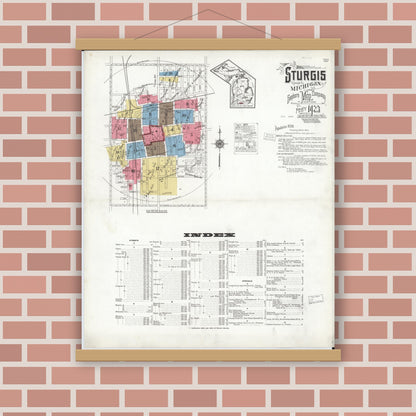 Old map wall art mockup — magnetic wood frame on brick wall — Sanborn Fire Insurance Map from Sturgis, Saint Joseph County, Michigan (1923), Sheet #0001