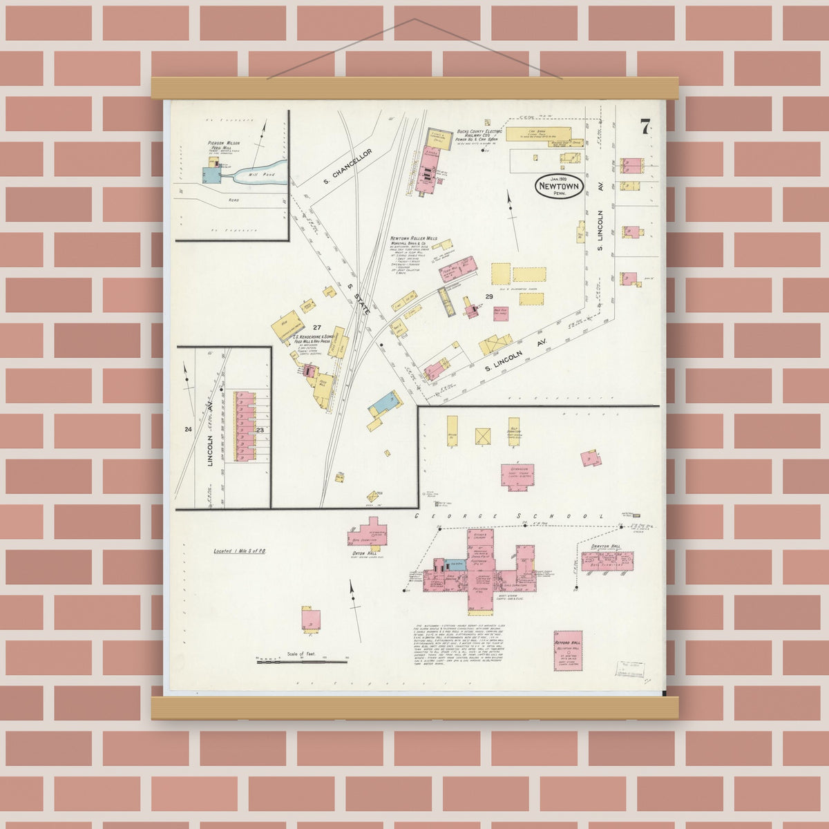 Old map wall art mockup — magnetic wood frame on brick wall — Sanborn Fire Insurance Map from Newtown, Bucks County, Pennsylvania (1909), Sheet #0007