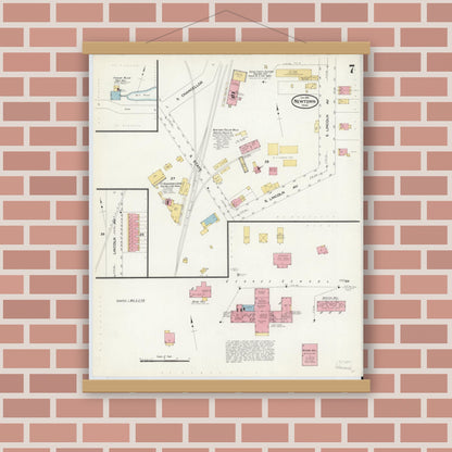 Old map wall art mockup — magnetic wood frame on brick wall — Sanborn Fire Insurance Map from Newtown, Bucks County, Pennsylvania (1909), Sheet #0007