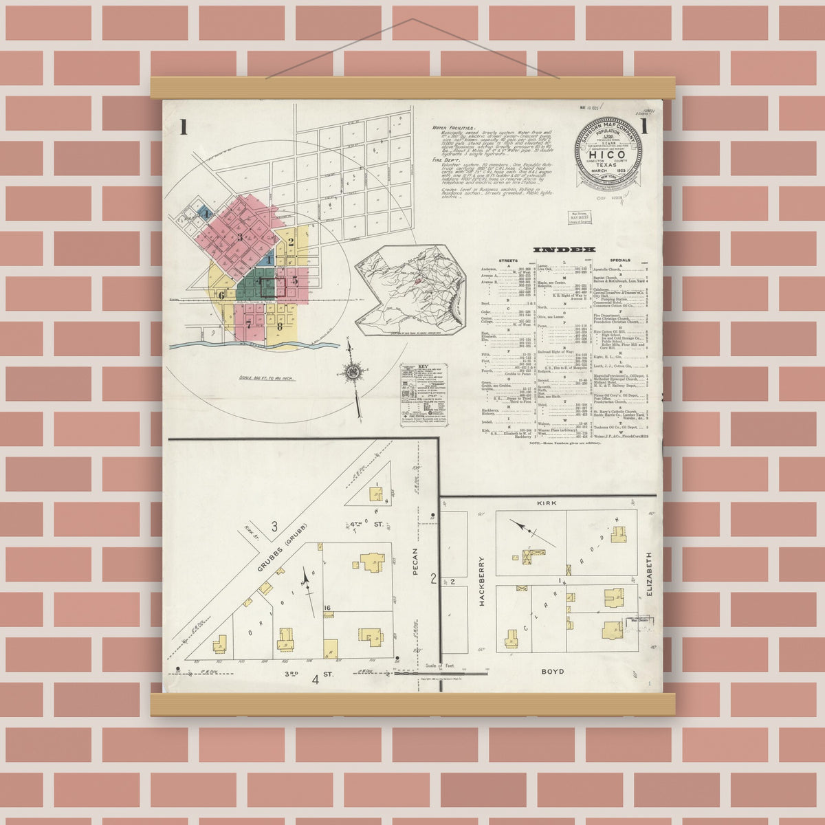 Old map wall art mockup — magnetic wood frame on brick wall — Sanborn Fire Insurance Map from Hico, Hamilton County, Texas (1923) - Complete Map Set