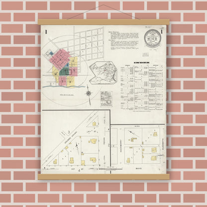 Old map wall art mockup — magnetic wood frame on brick wall — Sanborn Fire Insurance Map from Hico, Hamilton County, Texas (1923) - Complete Map Set