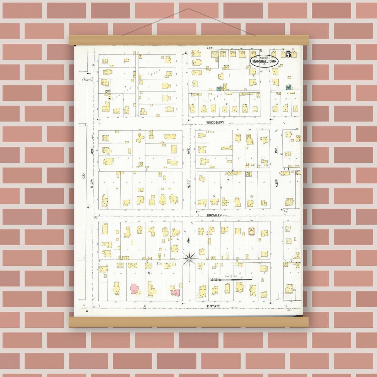 Old map wall art mockup — magnetic wood frame on brick wall — Sanborn Fire Insurance Map from Marshalltown, Marshall County, Iowa (1901), Sheet #0005