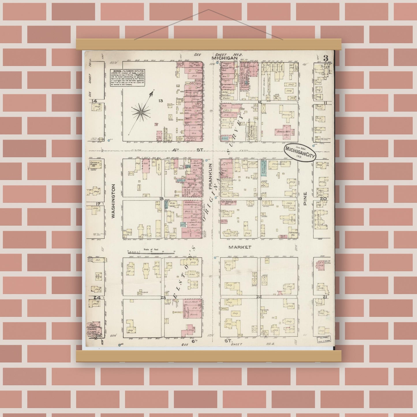 Old map wall art mockup — magnetic wood frame on brick wall — Sanborn Fire Insurance Map from Michigan City, La Porte  County, Indiana (1884), Sheet #0003