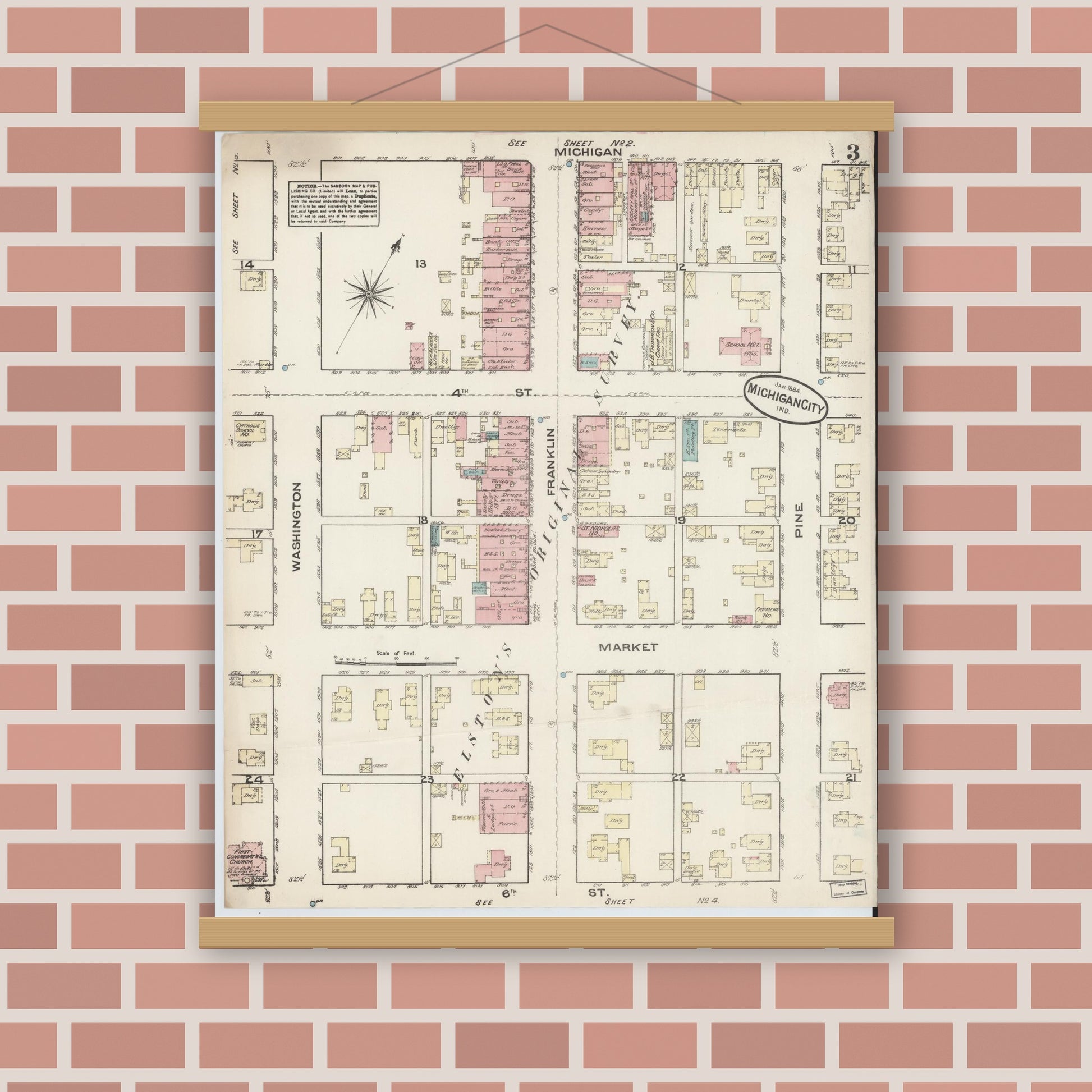 Old map wall art mockup — magnetic wood frame on brick wall — Sanborn Fire Insurance Map from Michigan City, La Porte  County, Indiana (1884), Sheet #0003