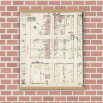 Old map wall art mockup — magnetic wood frame on brick wall — Sanborn Fire Insurance Map from Michigan City, La Porte  County, Indiana (1884), Sheet #0003