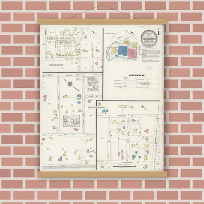 Old map wall art mockup — magnetic wood frame on brick wall — Sanborn Fire Insurance Map from Edgeworth, Allegheny County, Pennsylvania (1925), Sheet #0001
