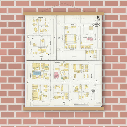 Old map wall art mockup — magnetic wood frame on brick wall — Sanborn Fire Insurance Map from Tampa, Hillsborough County, Florida (1899), Sheet #0010