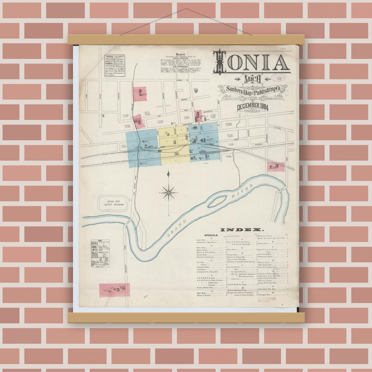 Old map wall art mockup — magnetic wood frame on brick wall — Sanborn Fire Insurance Map from Ionia, Ionia County, Michigan (1884) - Complete Map Set