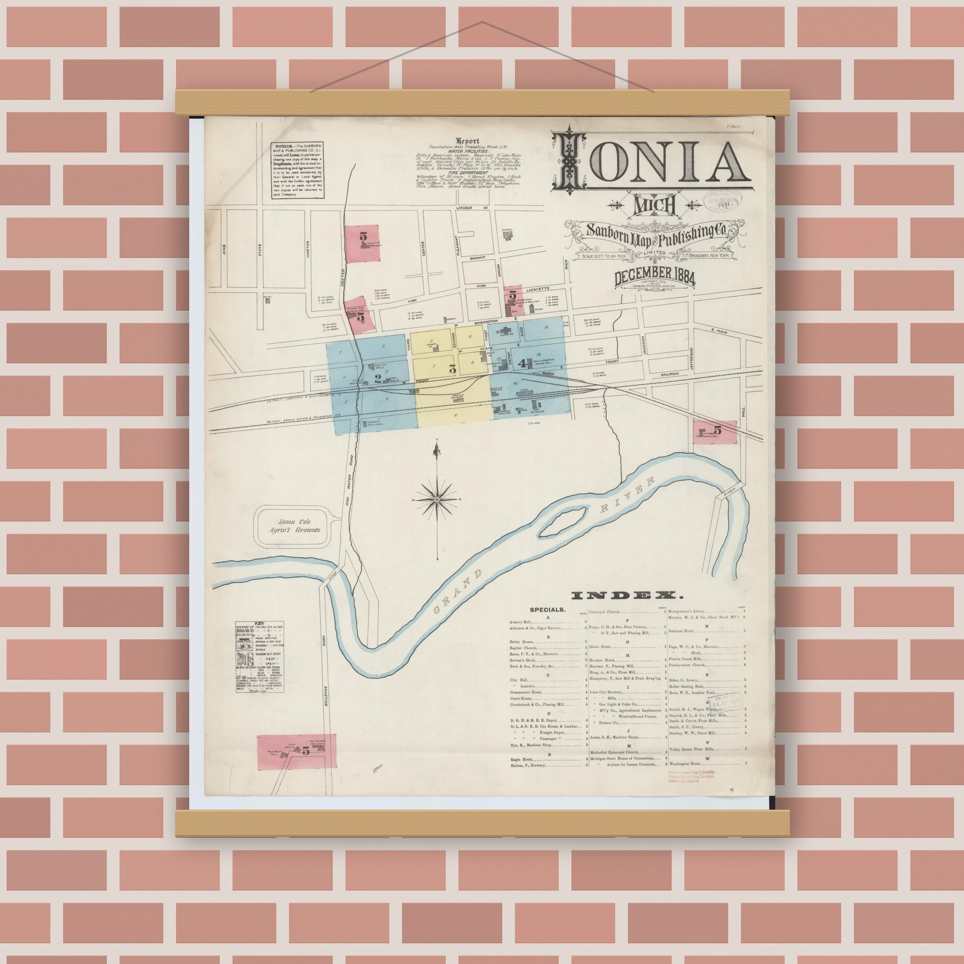 Old map wall art mockup — magnetic wood frame on brick wall — Sanborn Fire Insurance Map from Ionia, Ionia County, Michigan (1884) - Complete Map Set