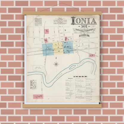 Old map wall art mockup — magnetic wood frame on brick wall — Sanborn Fire Insurance Map from Ionia, Ionia County, Michigan (1884) - Complete Map Set