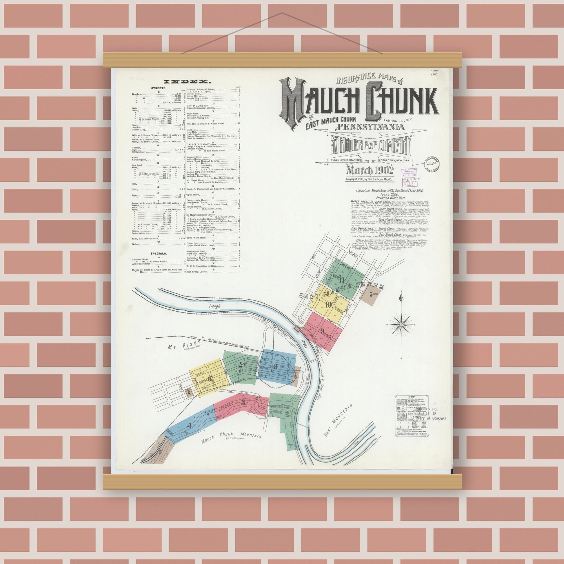Old map wall art mockup — magnetic wood frame on brick wall — Sanborn Fire Insurance Map from Mauch Chunk, Carbon County, Pennsylvania (1902) - Complete Map Set