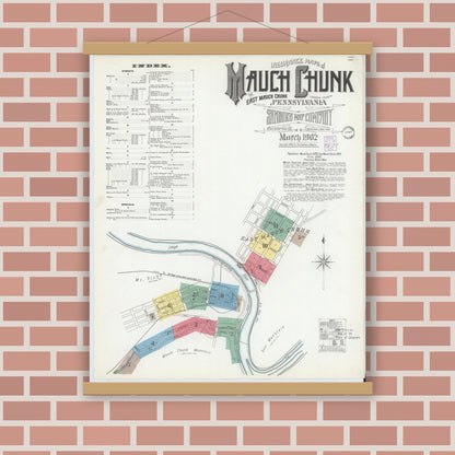 Old map wall art mockup — magnetic wood frame on brick wall — Sanborn Fire Insurance Map from Mauch Chunk, Carbon County, Pennsylvania (1902) - Complete Map Set