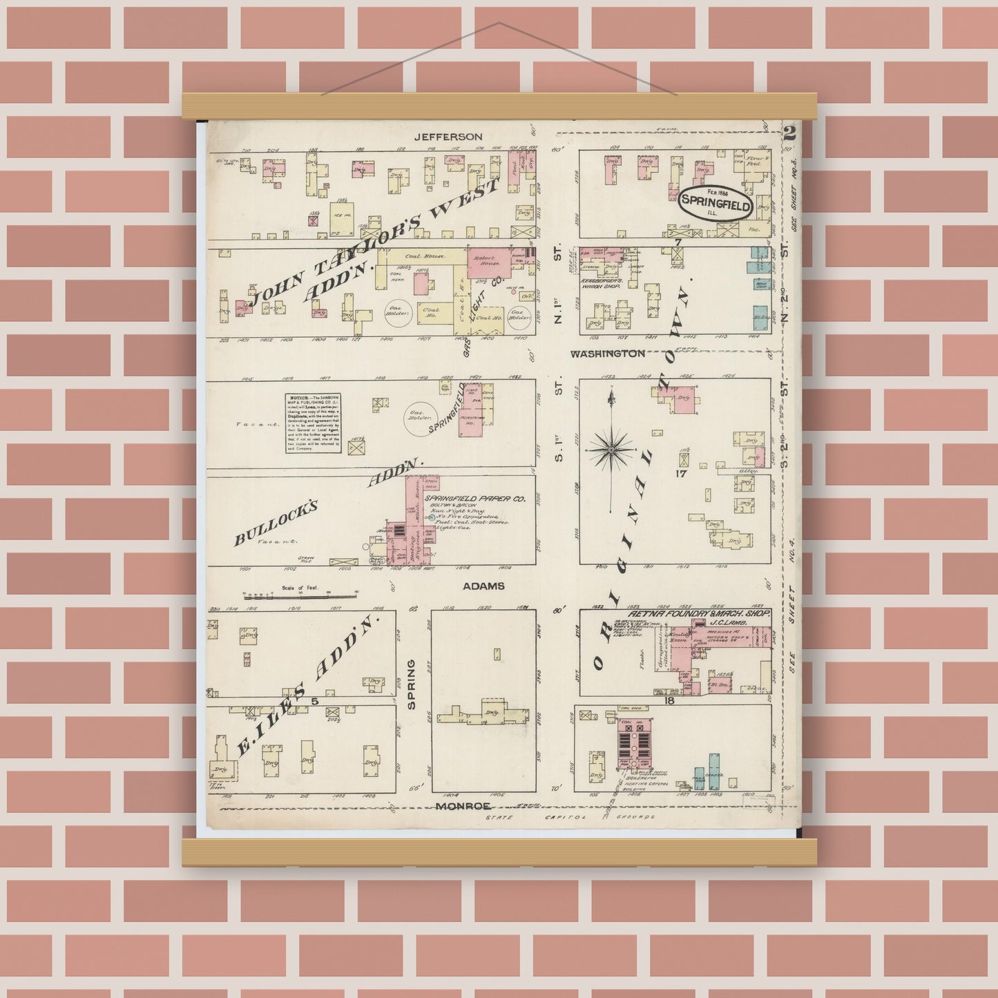 Old map wall art mockup — magnetic wood frame on brick wall — Sanborn Fire Insurance Map from Springfield, Sangamon County, Illinois (1884), Sheet #0002