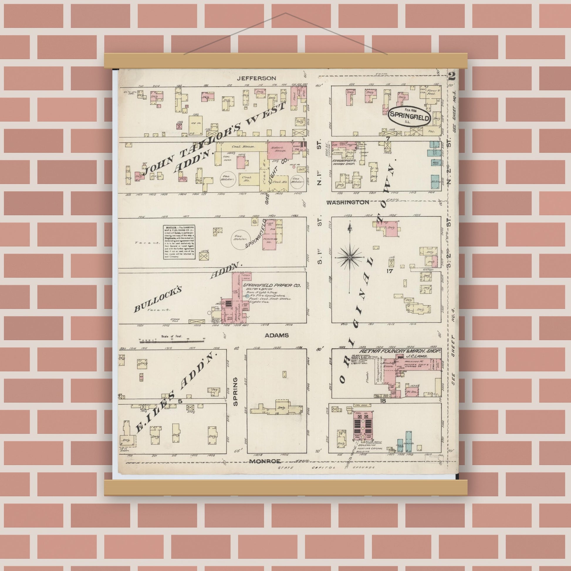 Old map wall art mockup — magnetic wood frame on brick wall — Sanborn Fire Insurance Map from Springfield, Sangamon County, Illinois (1884), Sheet #0002