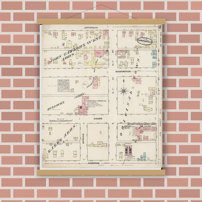 Old map wall art mockup — magnetic wood frame on brick wall — Sanborn Fire Insurance Map from Springfield, Sangamon County, Illinois (1884), Sheet #0002