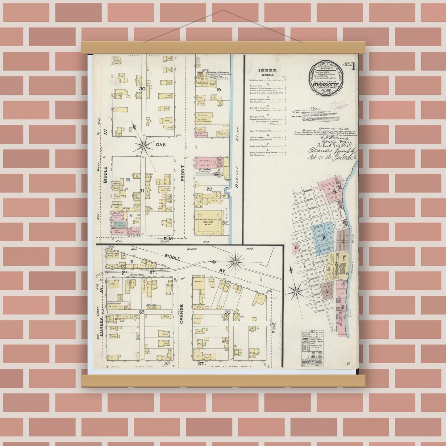 Old map wall art mockup — magnetic wood frame on brick wall — Sanborn Fire Insurance Map from Wyandotte, Wayne County, Michigan (1890) - Complete Map Set