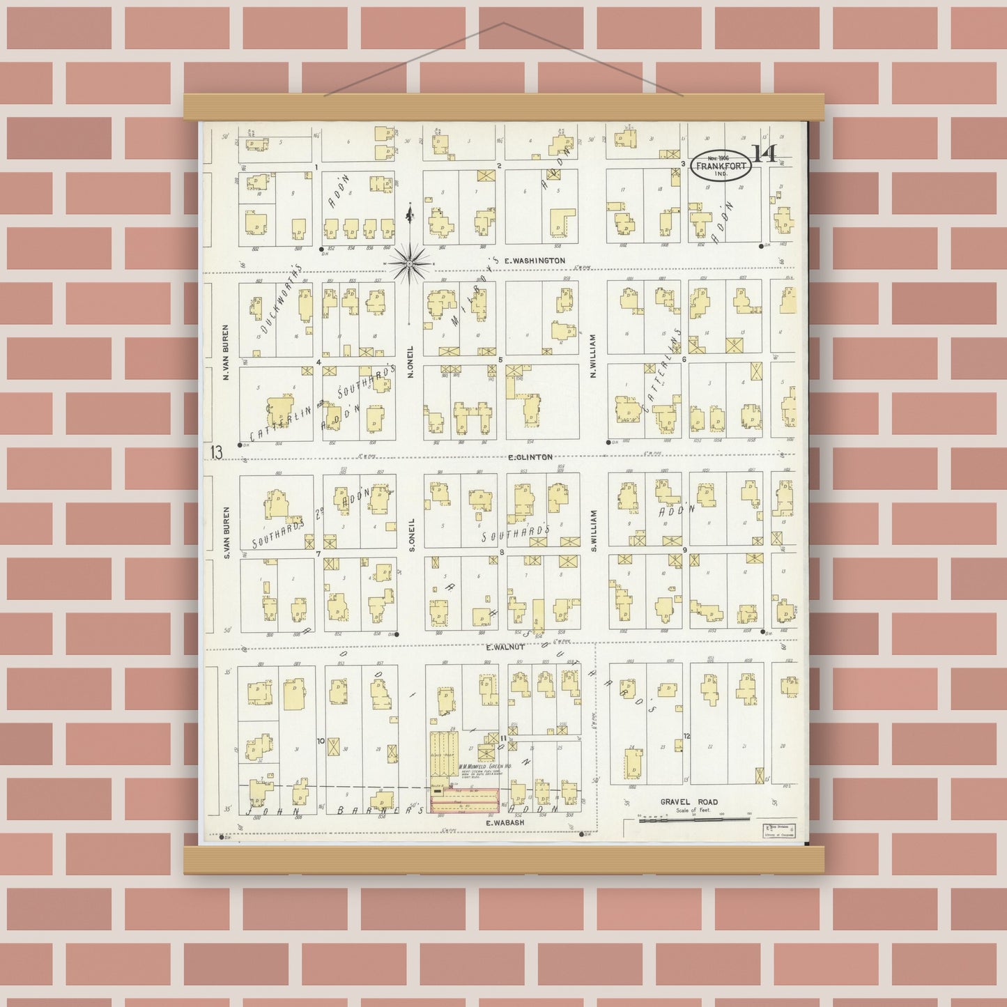 Old map wall art mockup — magnetic wood frame on brick wall — Sanborn Fire Insurance Map from Frankfort, Clinton County, Indiana (1906), Sheet #0014