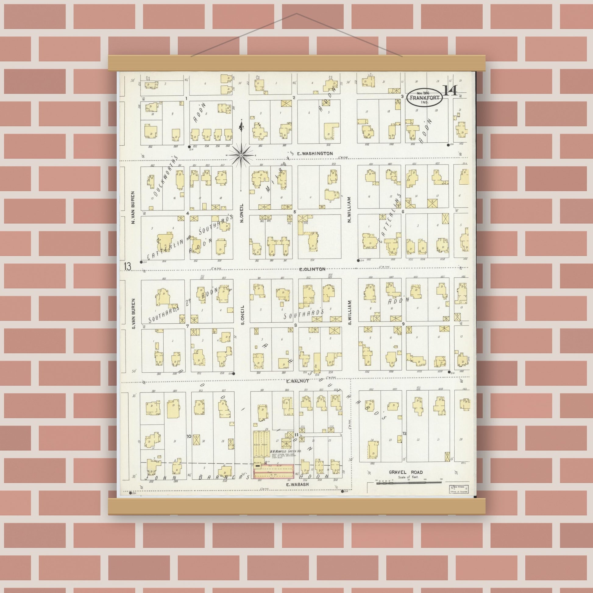 Old map wall art mockup — magnetic wood frame on brick wall — Sanborn Fire Insurance Map from Frankfort, Clinton County, Indiana (1906), Sheet #0014