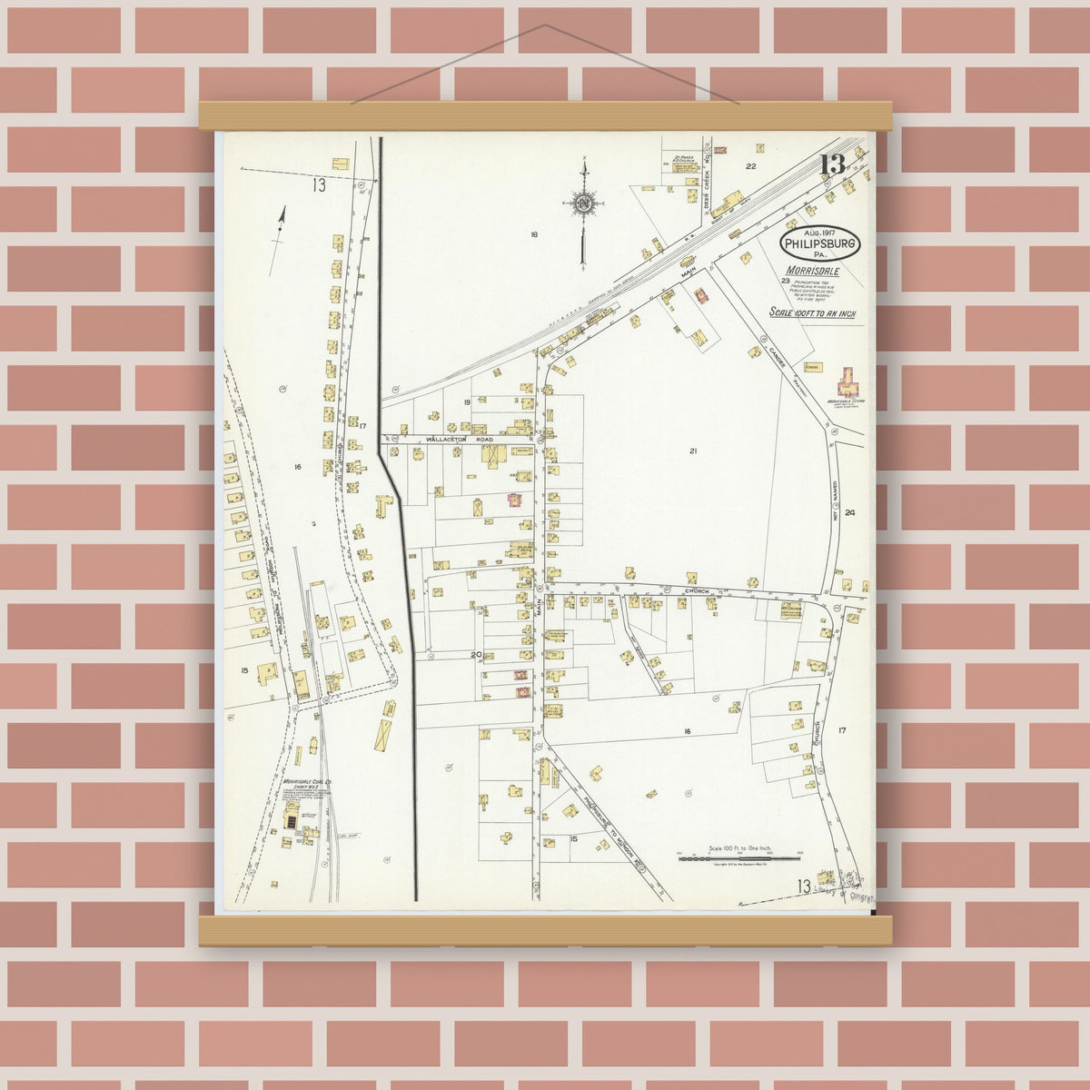 Old map wall art mockup — magnetic wood frame on brick wall — Sanborn Fire Insurance Map from Philipsburg, Centre County, Pennsylvania (1917), Sheet #0013
