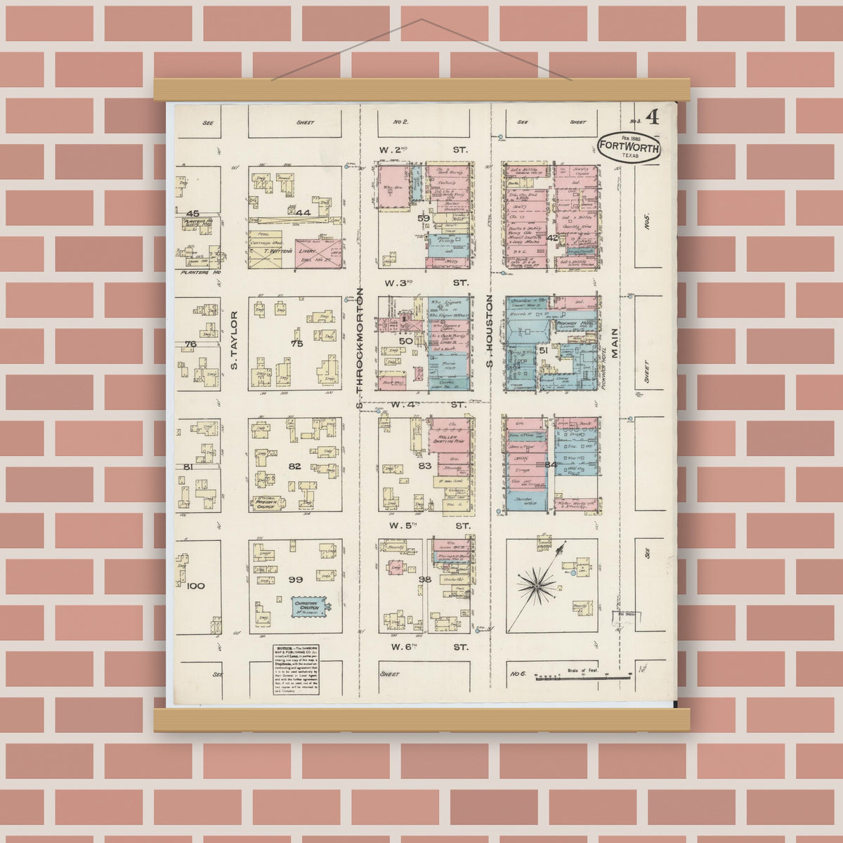Old map wall art mockup — magnetic wood frame on brick wall — Sanborn Fire Insurance Map from Fort Worth, Tarrant County, Texas (1885), Sheet #0004