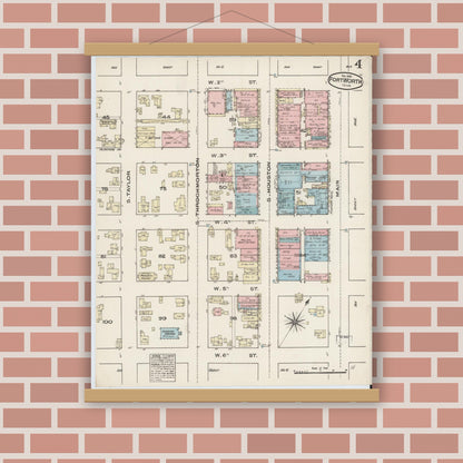 Old map wall art mockup — magnetic wood frame on brick wall — Sanborn Fire Insurance Map from Fort Worth, Tarrant County, Texas (1885), Sheet #0004