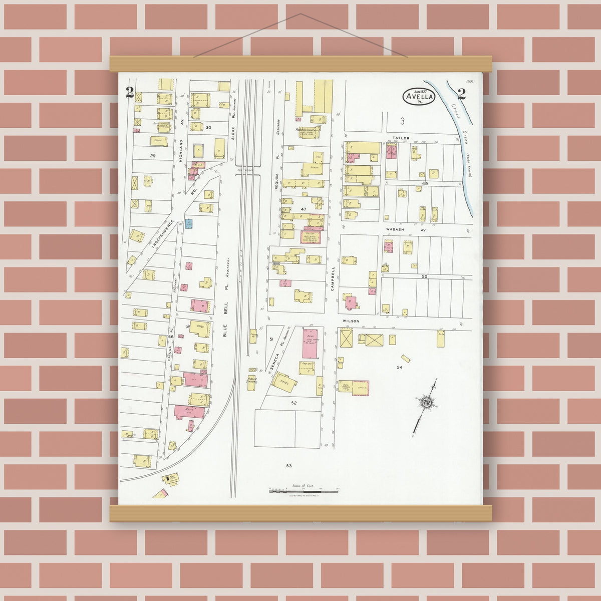 Old map wall art mockup — magnetic wood frame on brick wall — Sanborn Fire Insurance Map from Avella, Washington County, Pennsylvania (1927), Sheet #0002